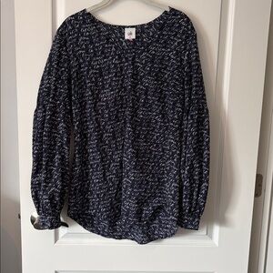 CAbi Navy Script Print Long Sleeve Blouse